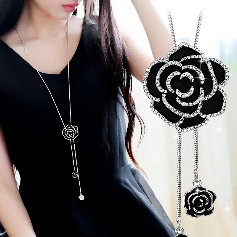Zircon Black Rose Flower Long Necklace Sweater Chain Fashion Metal Chain Crystal Flower Pendant Necklaces Adjusted
Zircon Black Rose Flower Long Necklace Sweater Chain Fashion Metal Chain Crystal Flower Pendant Necklaces Adjusted