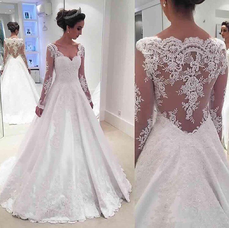 Satin A-line Wedding Dresses Appliqued Lace With Long Sleeves Illusion Back Bridal Gowns Modest Vestido De Novia