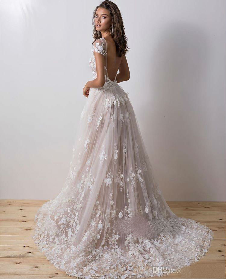 2019 Lace Mermaid Wedding Dresses With Detachable Train 3D Floral Appliques Short Sleeve Bridal Gowns Backless Beach Wedding Dress