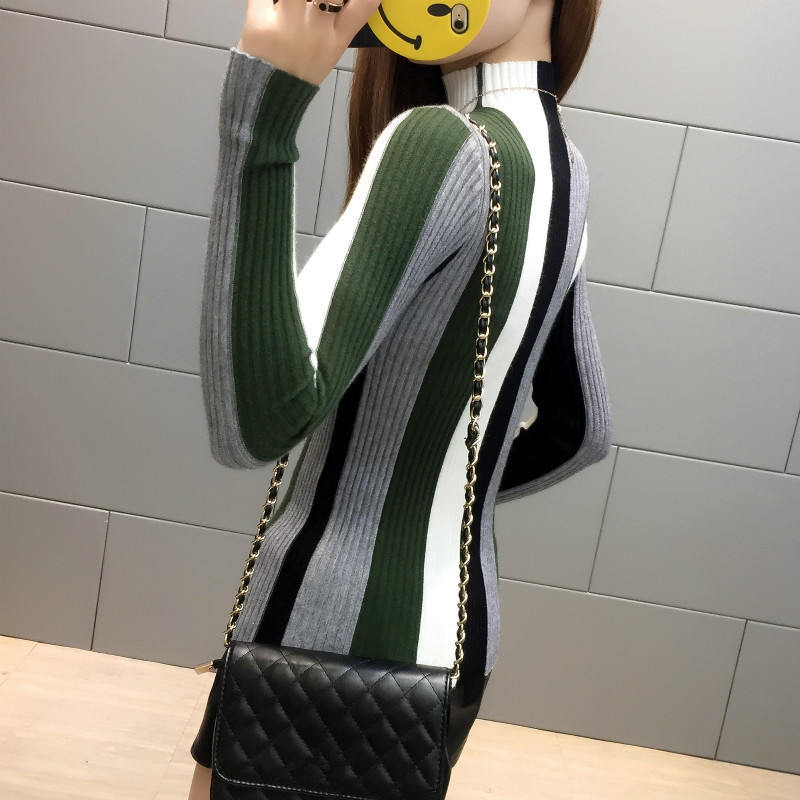 Neploe Rainbow Stripe Sweater Contrast Knitted Pullover 2019 Long Sleeve Turtleneck Knitwear Fashion Slim Women Jumper 34381 LY191225