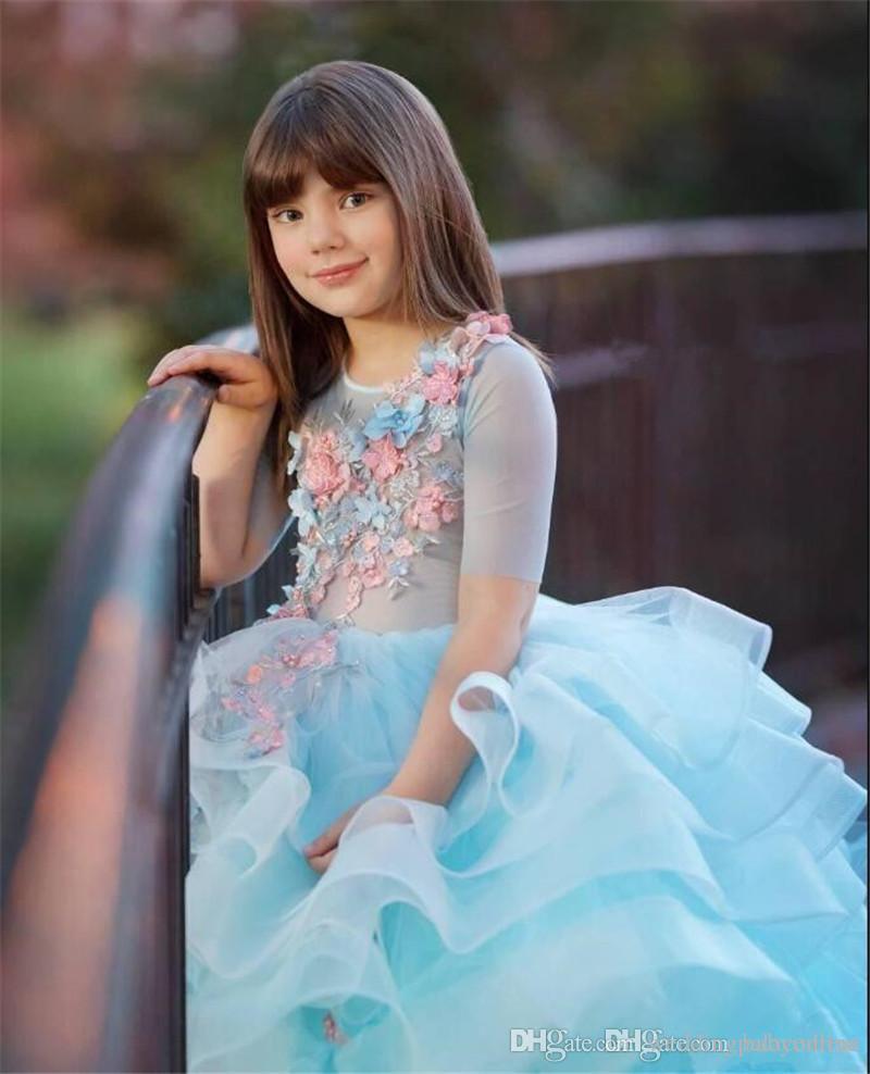 Colorful Princess Ball Gown Pageant Dresses Tulle Layered Ruffles Sheer Crew Neck 1/2 Sleeves Long Formal wer Girl Dress For Kids