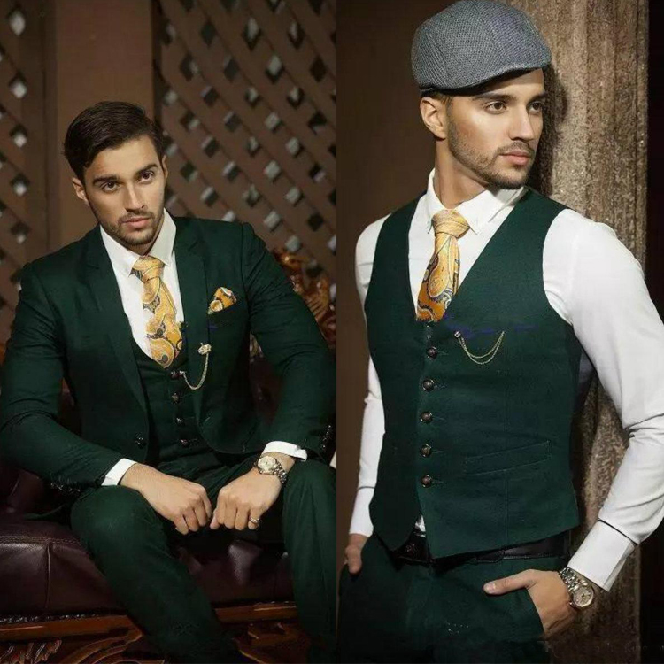 Fashion Hunter Green Wedding Tuxedos Notch Lapel Slim Fit Groom Wear Blazer Formal Best Men Suits (Jacket+Vest+Pants)