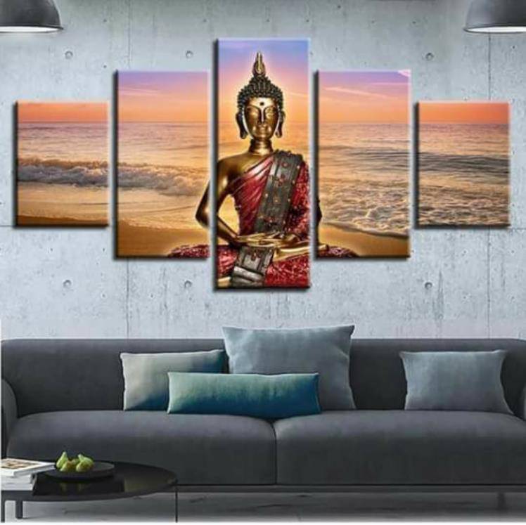 Home Decor Living Room HD Printed 5 Panel Sunset Scenery Buddha Wall Artwork Painting Canvas Poster No Frame