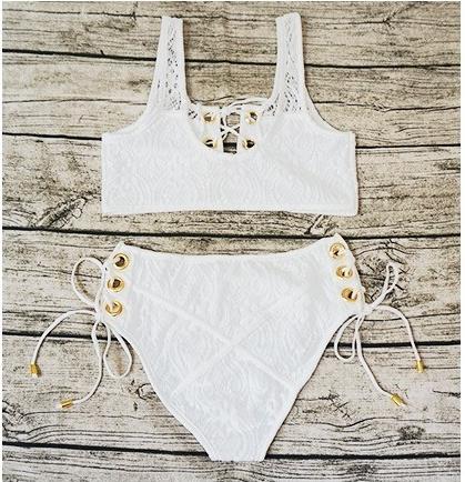 x Sporlike Blcak White Lace High Waist Swimsuit Bikini Set 2017 Sexy Solid Bikinis Women Push Up Swimwear Banting Suit Swim