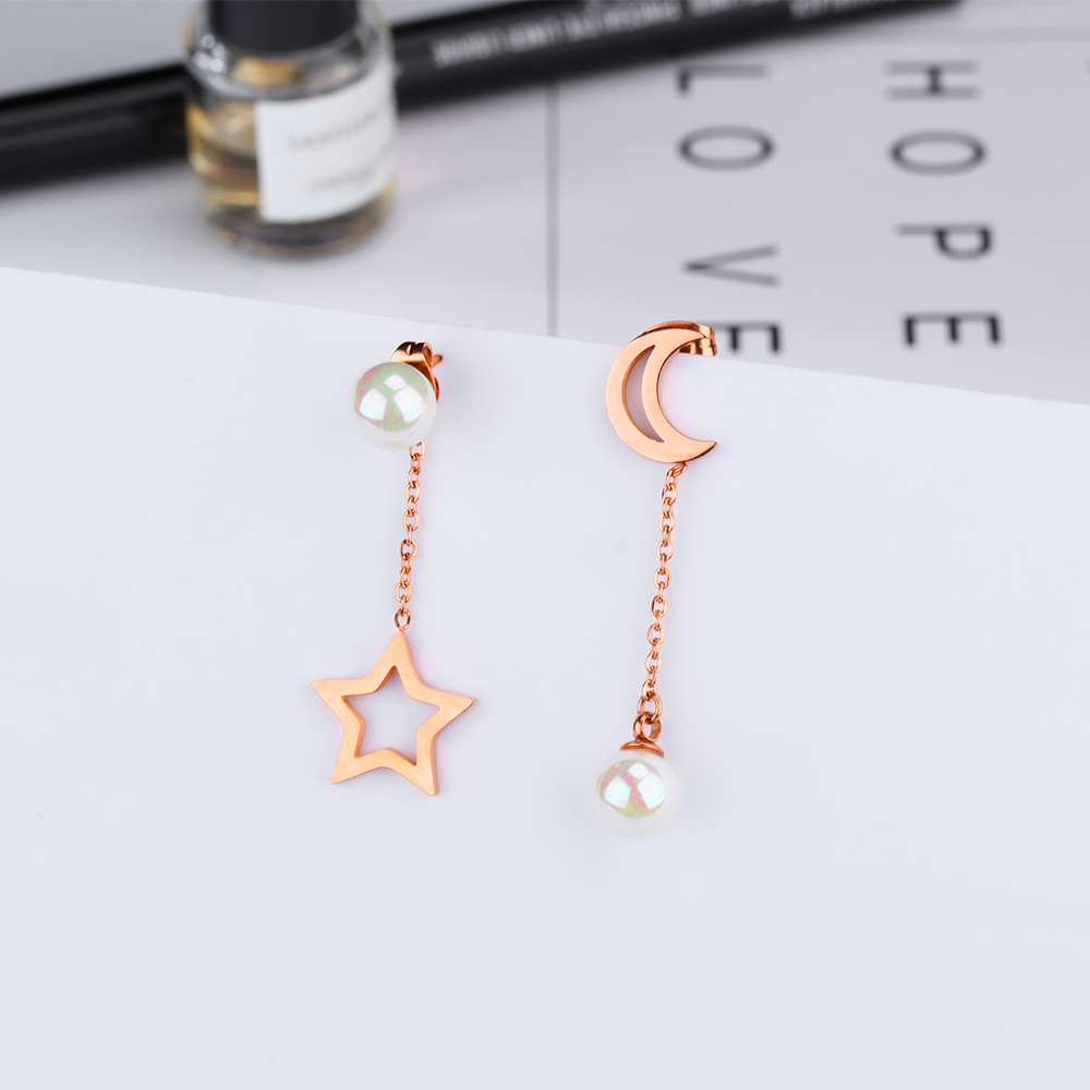 Charm Star and Moon Drop Earrings Jewelry Stainless Steel 14K Gold Plated White Pearl Setting Earrings Women Girl's Gift