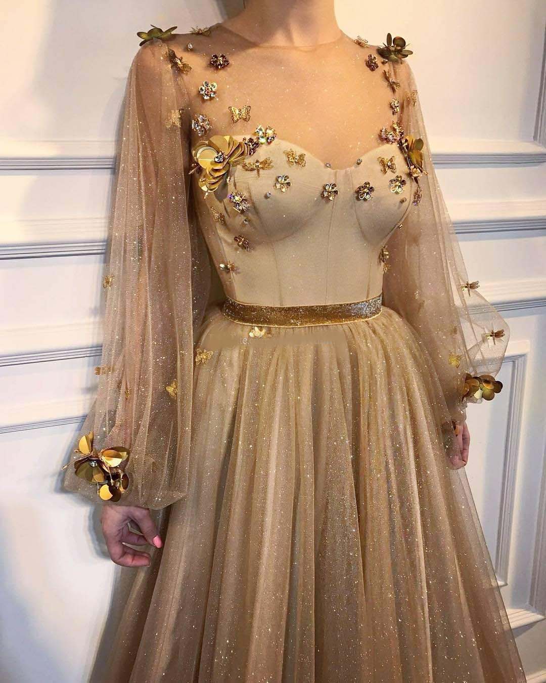 Gold Long Sleeves Evening Dresses 2020 Sheer Neck Flowers Tulle Floor Length Formal Evening Gowns Shiny Prom Dresses Zipper Up