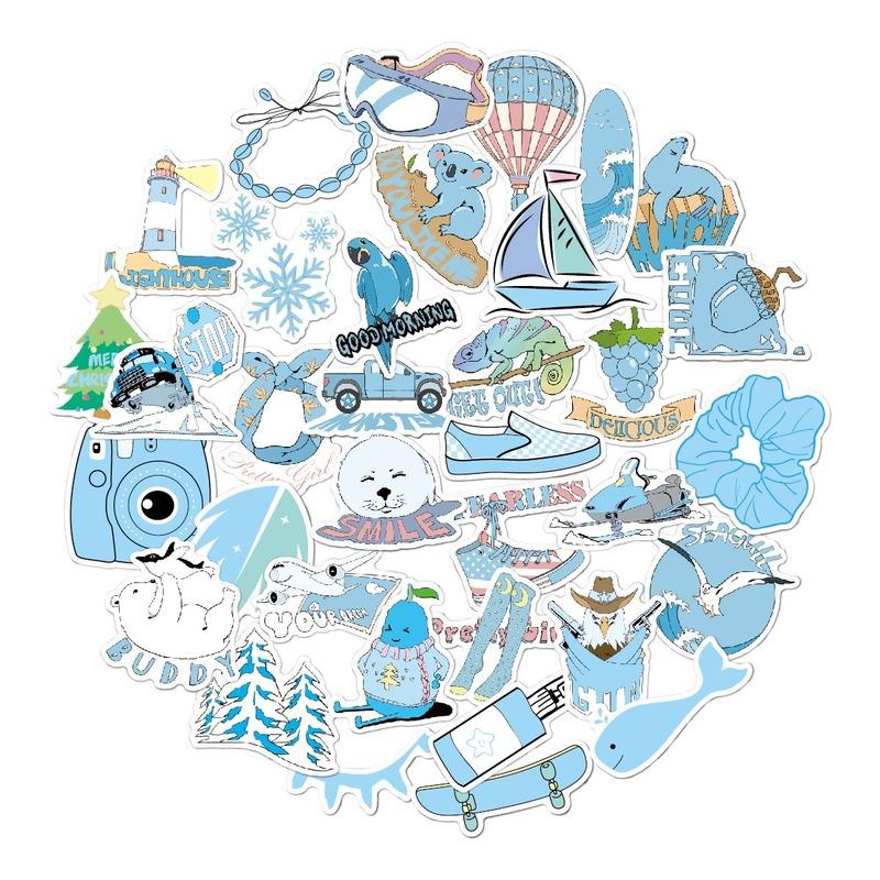 2Set = 70pcs Blue Small Fresh Vsco Sticker Personalized Doodle Suitcase Waterproof Sticker