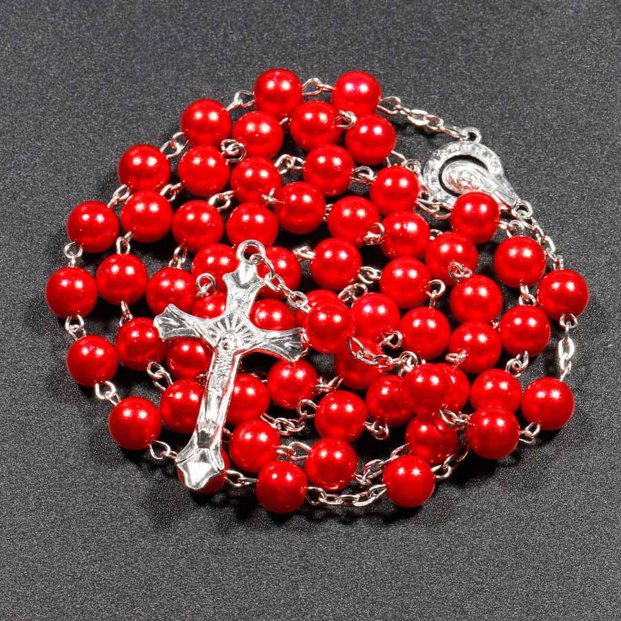 7 Colors Religious Catholic Rosary Necklaces Jesus Cross Pendant Long 8mm Pearl Beaded Chains For Women Men Christian Jewelry Accessories Gift Aesthet