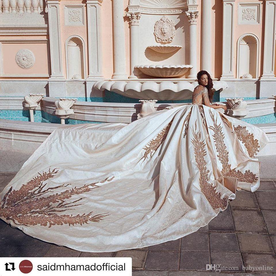 saudi arabia shiny gold wedding dresses lace sequins long sleeve ball gown dubai bridal gowns chapel plus size robe de marie