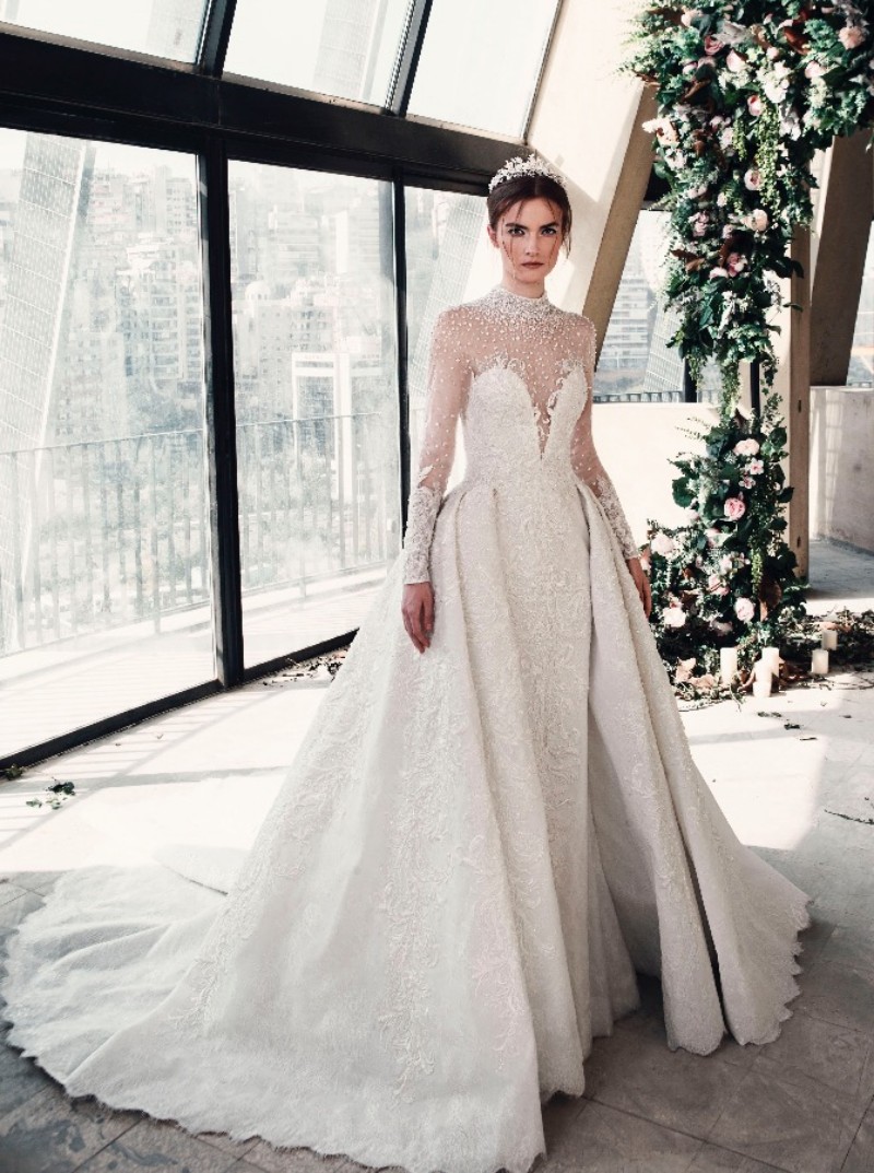 Tony Ward 2019 A Line Wedding Dresses Princess High Neck Overskirts Lace Appliques Long Sleeve Backless Bridal Gowns Beach robe de mariée