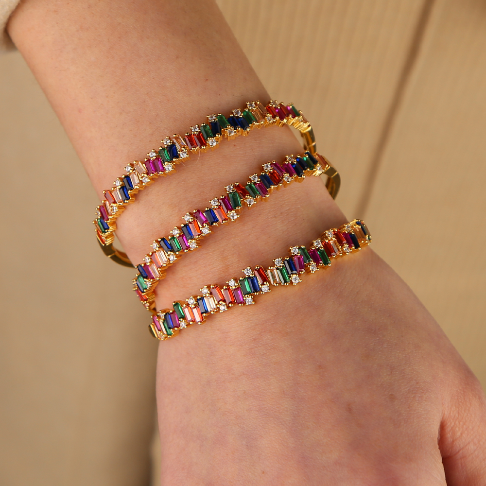 rainbow baguette cz band bangle bracelet for women colorful firework cz gorgeous women jewelry