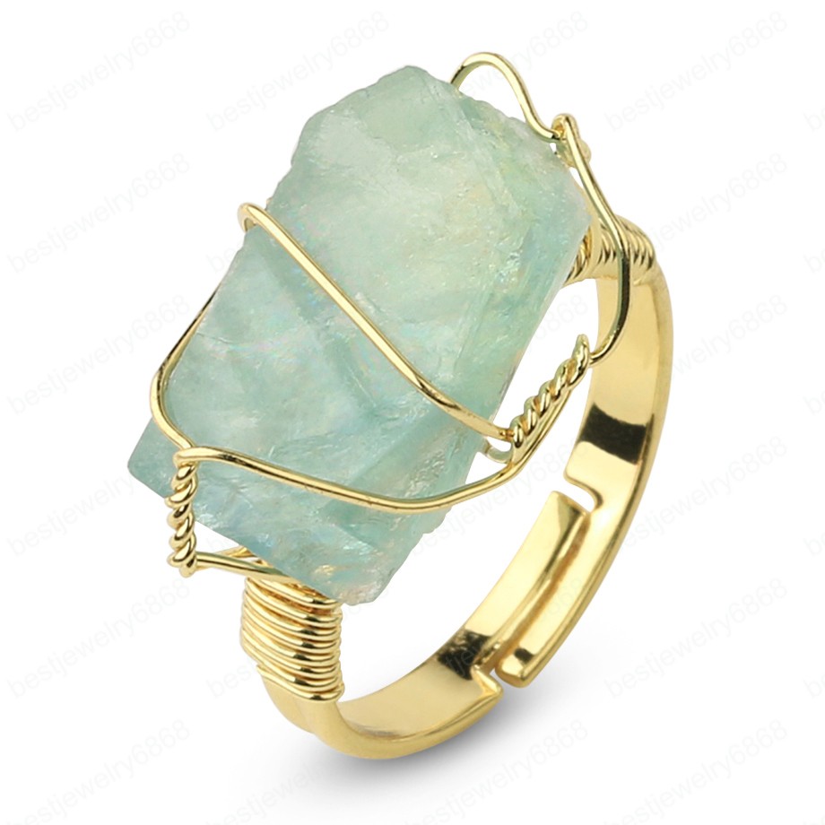 Natural Stone Irregular Wire Wrap Women Rings Healing Purple Crystal Fluorite Gold-color Resizable Fashion Finger Ring