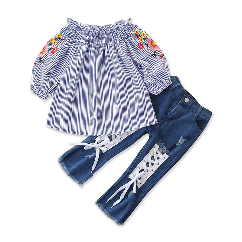Kids Tee Jeans Set Baby Girls Flower Embroidered Off Shoulder Shirt Tops+Lace-up Hole Trousers Jeans Clothing Set, As picture
Kids Tee Jeans Set Baby Girls Flower Embroidered Off Shoulder Shirt Tops+Lace-up Hole Trousers Jeans Clothing Set, As picture