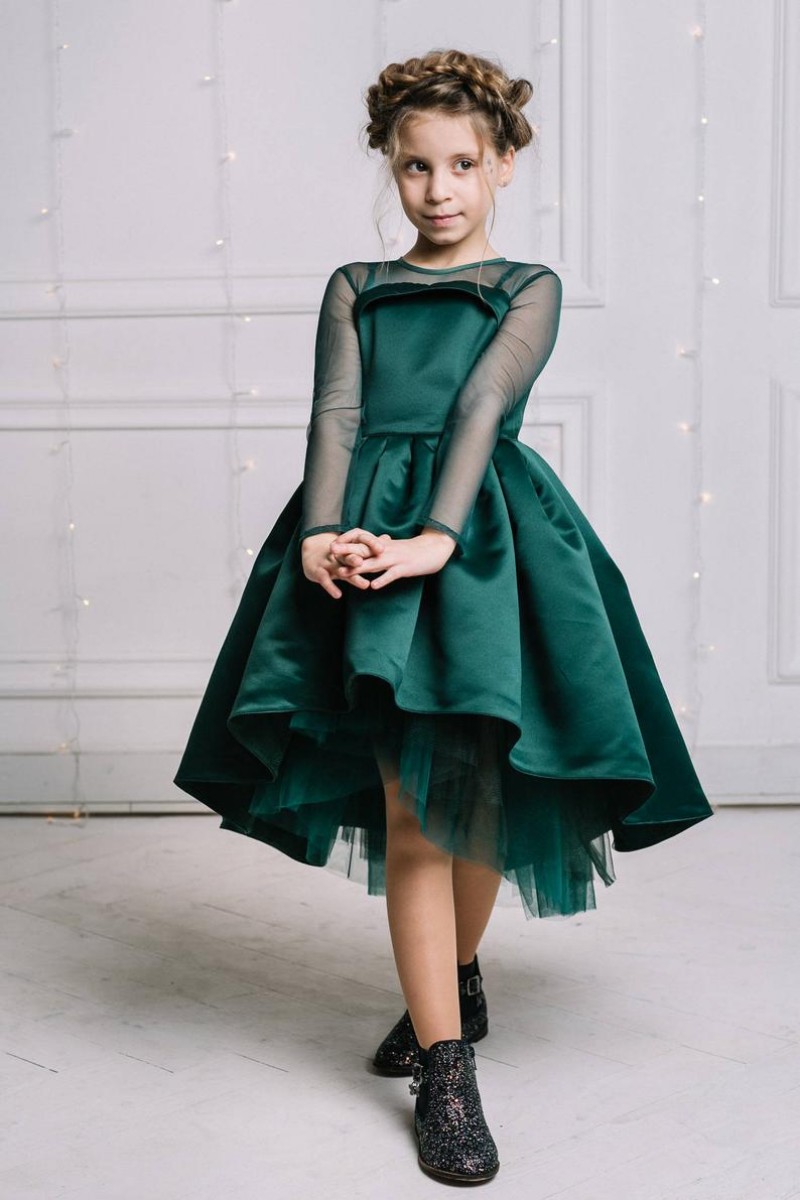 2019 Dark Green Flower Girls Dresses Tulle Long Sleeves High Low Satin Kids Wedding Party Gowns