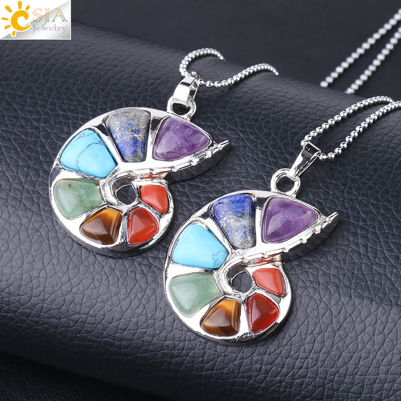 Conch Shape Seven Chakra Energy Natural Rhinestone Pendant Necklace Women'S Yoga Meditation Healing Crystal Jewelry