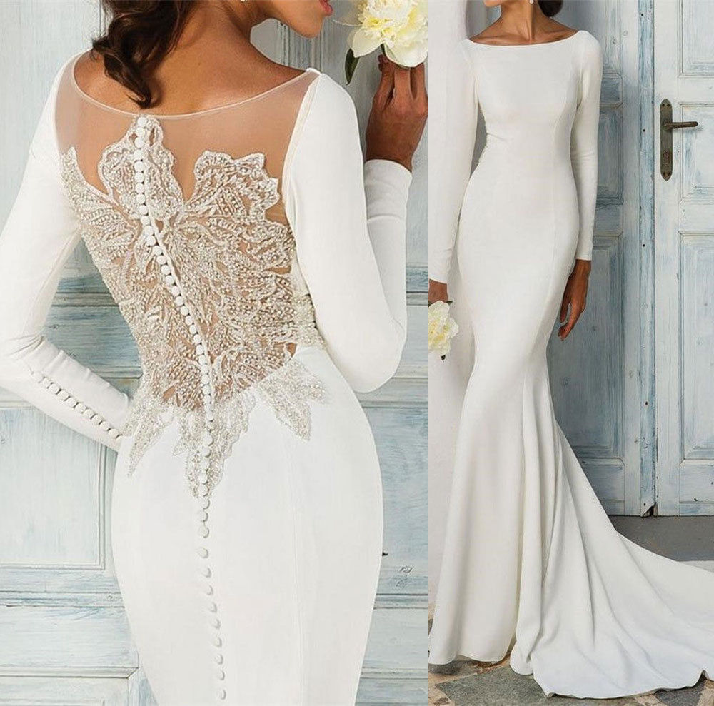 Beaded Sheer Back Wedding Dresses Mermaid Bridal Gowns Long Sleeves Sweep Train Satin Garden Beach Wedding Dress Plus Size