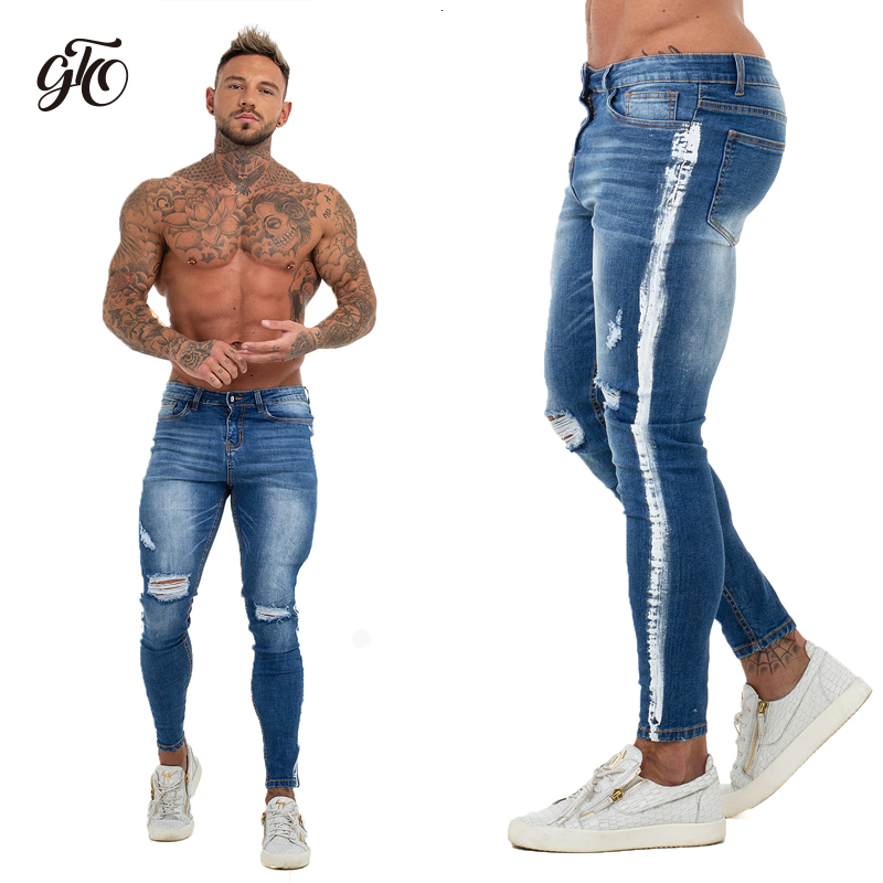 Gingtto Mens Jenas Side Stripe Super Spray on Skinny Jeans Men Plus Elastic Waist Europe Size Athletic Body Type Street Fashion CJ191210