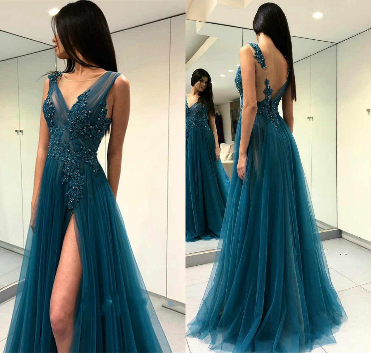 Sexy Side Split Prom Dresses V Neck Lace Appliques Beaded Sweep Train Backless Sweep TRain Evening Dress Formal Occasion Gowns