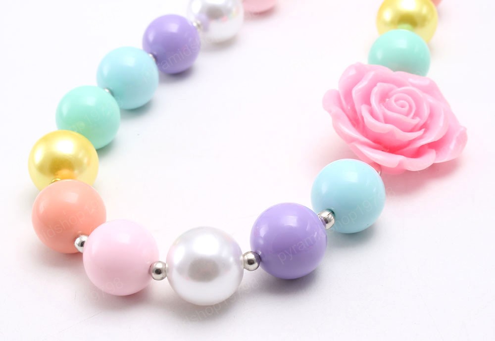 Adorable Candy Color Chunky Beads Necklace Bracelet With Rose Flower Kids Girls Child Chunky Beaded Jewelry Set Colorful