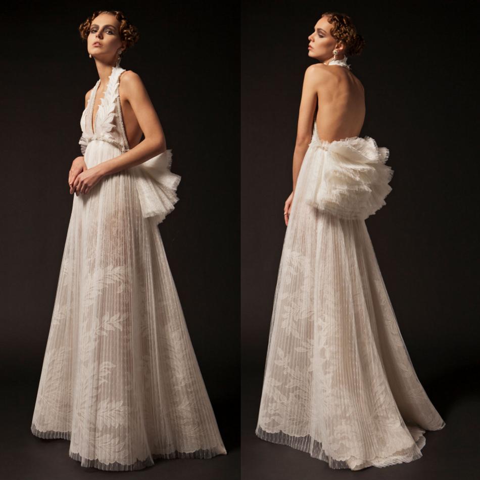 2019 Krikor Jabotian Prom Dresses Deep V Neck Lace Appliqued A Line Sexy Backless Evening Dress Sweep Train Cocktail Party Gowns Custom Made
