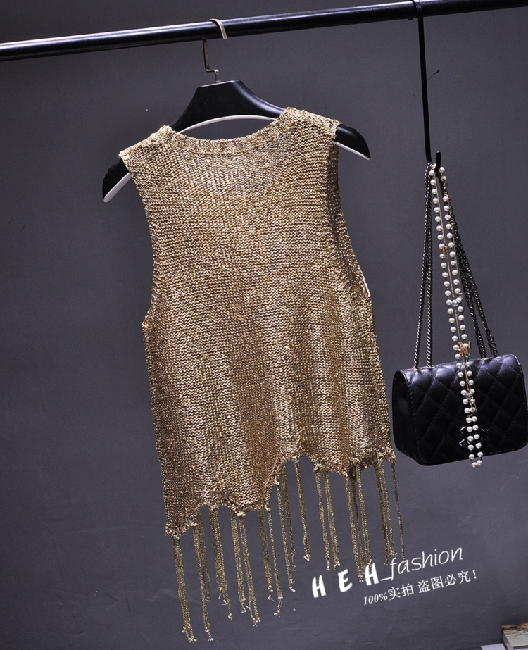 New design womens o-neck sleeveless paillette shinny lurex patchwork knitted asymmetric tassel fringe vest tank tops camisole