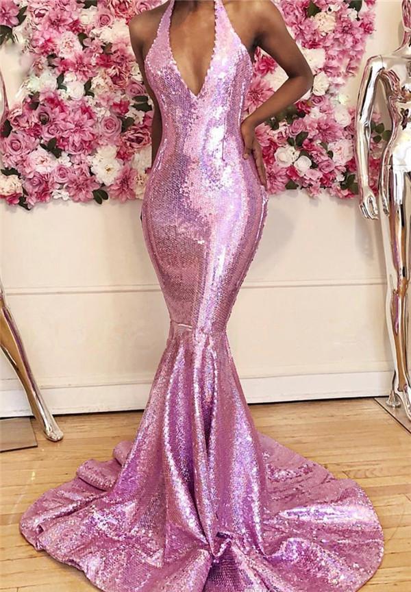 Sequins 2020 Sparkly Prom Dresses Mermaid Sheath Sexy Plunging V Neck Halter Sweep Train Custom Made Evening Gown Formal Ocn Wear