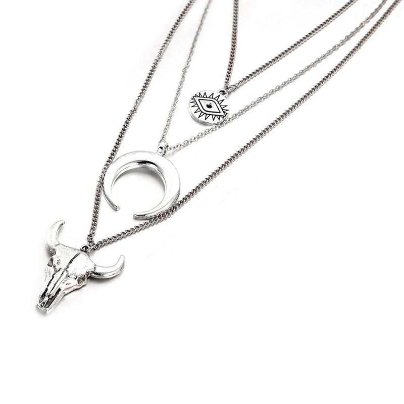3pcs/set Women Long Sweater Chain Animal Cow Head Pendant Necklace Alloy Eye Horn Multilayer Necklace Jewelry Gift for Girls
