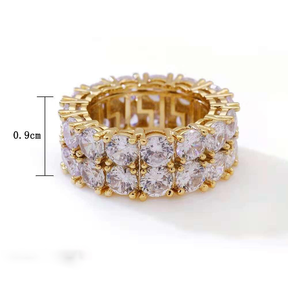 hip hop full diamonds ring for men women western Double row side stone rings real gold plated Rhinestone copper jewelry