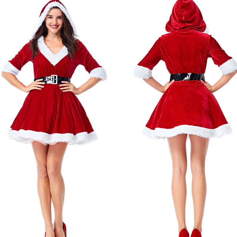 Ms. Santa Adult Women Christmas Costume Half Sleeves Hooded V-neck Ball Gown A-line Mini Dress with White Fuzzy Trim Belt Set Cosplay S-XL