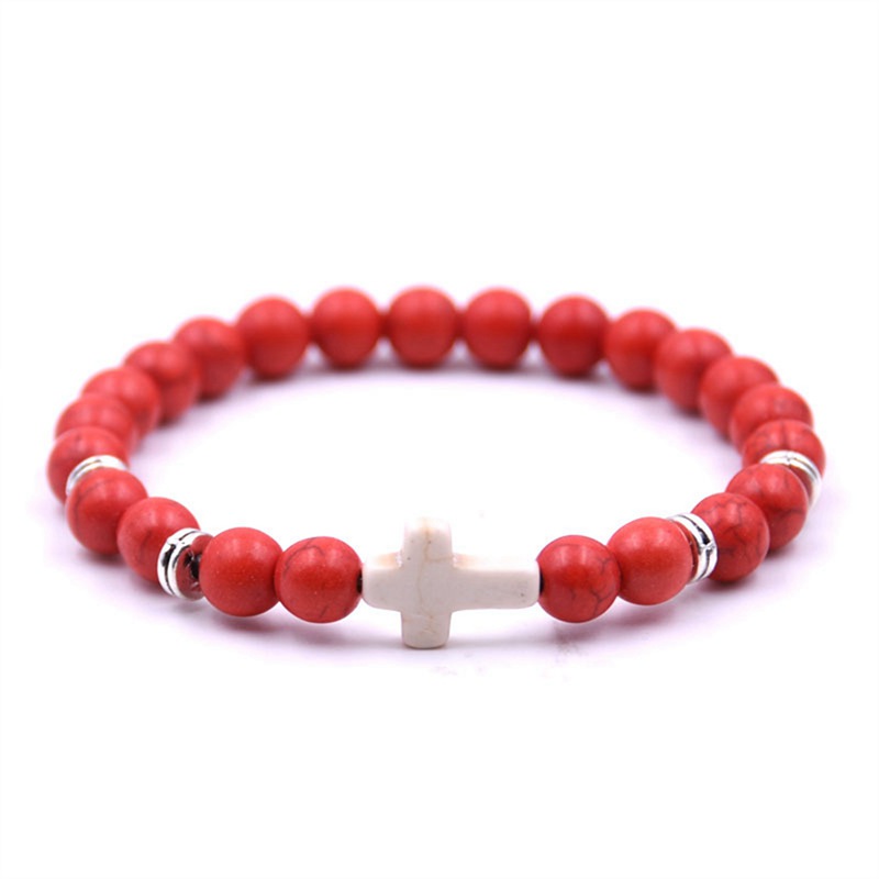 Cross Stone Jewelry Bracelet Retro Round Beaded Strands Charm Stones Stretch Unisex Gift