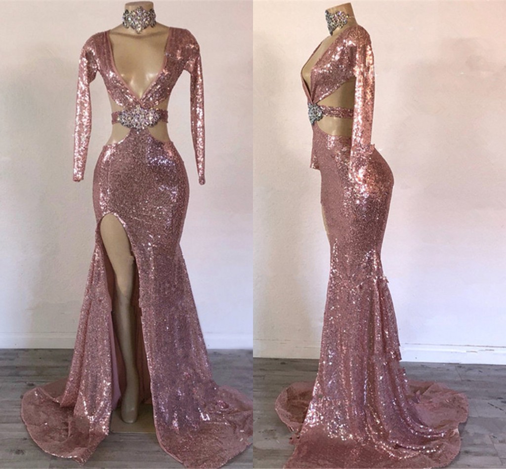 Rose Gold Sequins Long Sleeve Evening Dresses 2020 Sexy V-neck High Slit Sparkly Mermaid Occasion Prom Dress Wear Vestidos