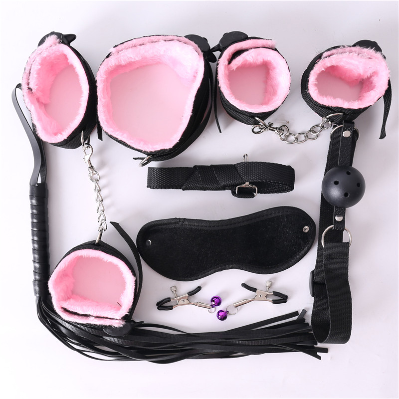 7Pcs Nylon Plush Erotic Sex Toys Adults Sex Handcuffs Whip Mouth Gag Sex Mask Bdsm Bondages Set