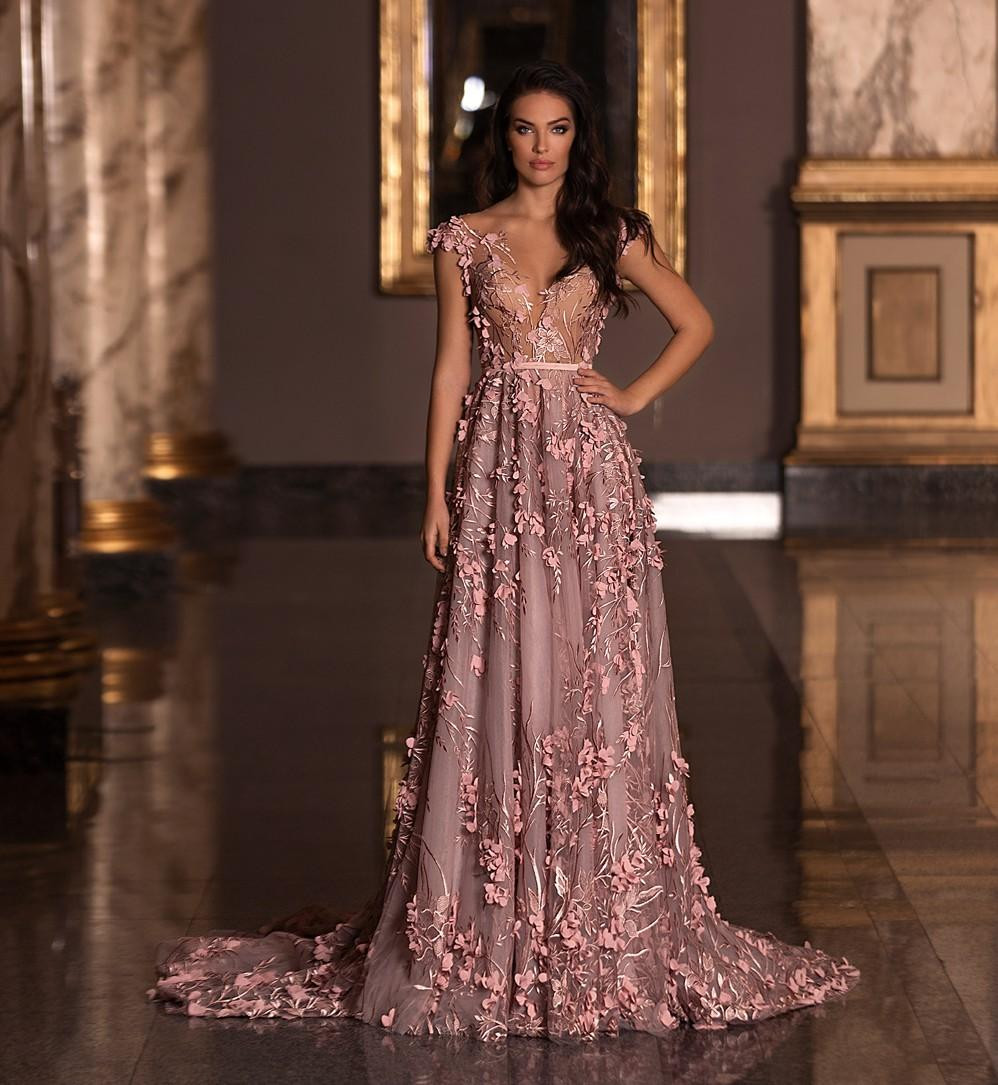 Berta 2020 Hot Sale Prom Dress V Neck 3D Appliqued Formal Dress Plus Size Sweep Train Tulle Evening Gowns