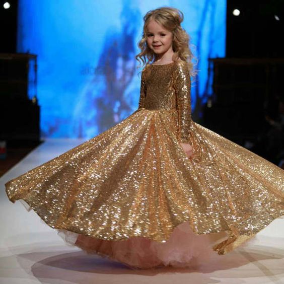 Said Mhamad Gold Sequins Princess Wedding Flower Girls' Dresses Long Sleeves Puffy Tutu 2019 Toddler Little Girls Pageant Communion Dress