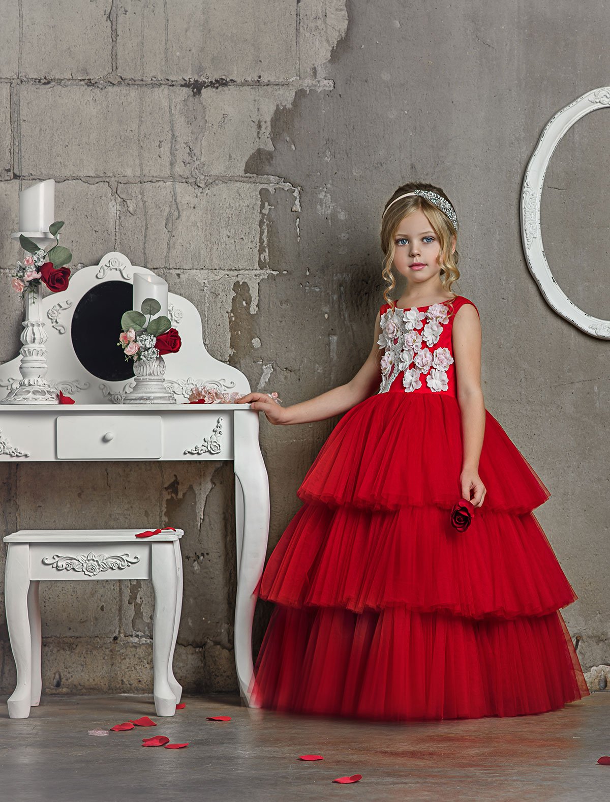 Dollcake Flower Girl Dresses Tulle Lace 3D Floral Appliqued A Line Red Girls Pageant Dress Custom Made Tiered Skirts Cute Kids Formal Gown