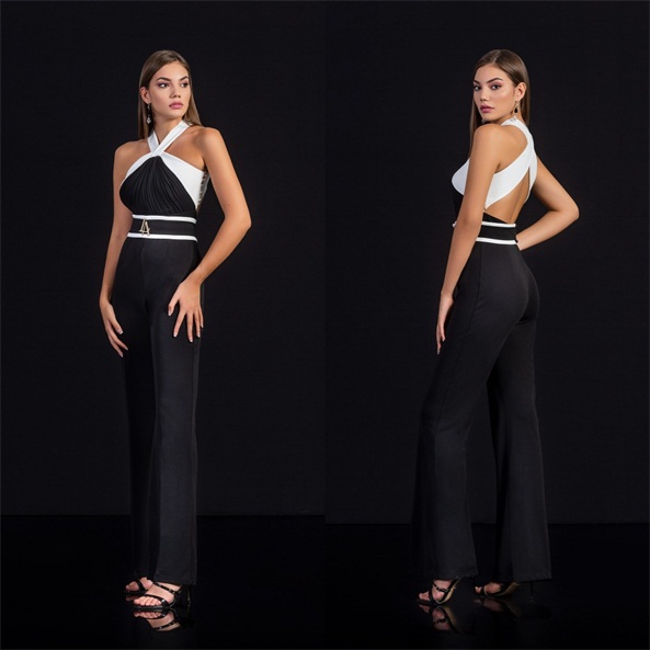 white and black evening jumpsuit halter sleeveless chiffon evening gown formal elegant hollow back custom made party gown