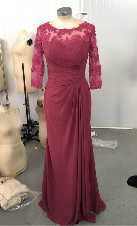 Elegant Maroon Mother Dresses Scoop Neckline 3/4 Long Sleeves Floor Length Lace Chiffon Formal Gowns Wedding Party Dresses