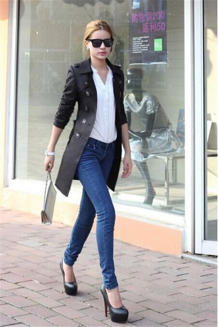 New Fashion Hot Sale Women Slim Charm Double Breasted Female Long Trench Turn Down Collar Solid Pattern Trench TR050