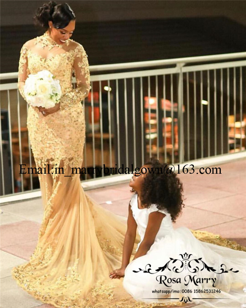 Sexy Gold Lace Mermaid Prom Dresses 2020 High Neck Long Sleeves Sequined Beaded Plus Size African Arabic Girls Pageant Formal Evening Gowns