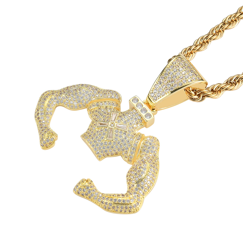 New Style 18K Gold Plated Iced Out CZ Zirconia Muscule Hercule Man Pendant Chain Necklace Hip Hop Rock Rapper Creative Jewelry Gifts for Men