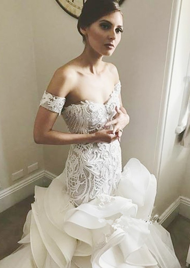 2019 Gorgeous Off The Shoulder Mermaid Wedding Dresses Lace Appliques Tieres Ruffles Zipper Plus Size Bridal Gowns robe de mariée