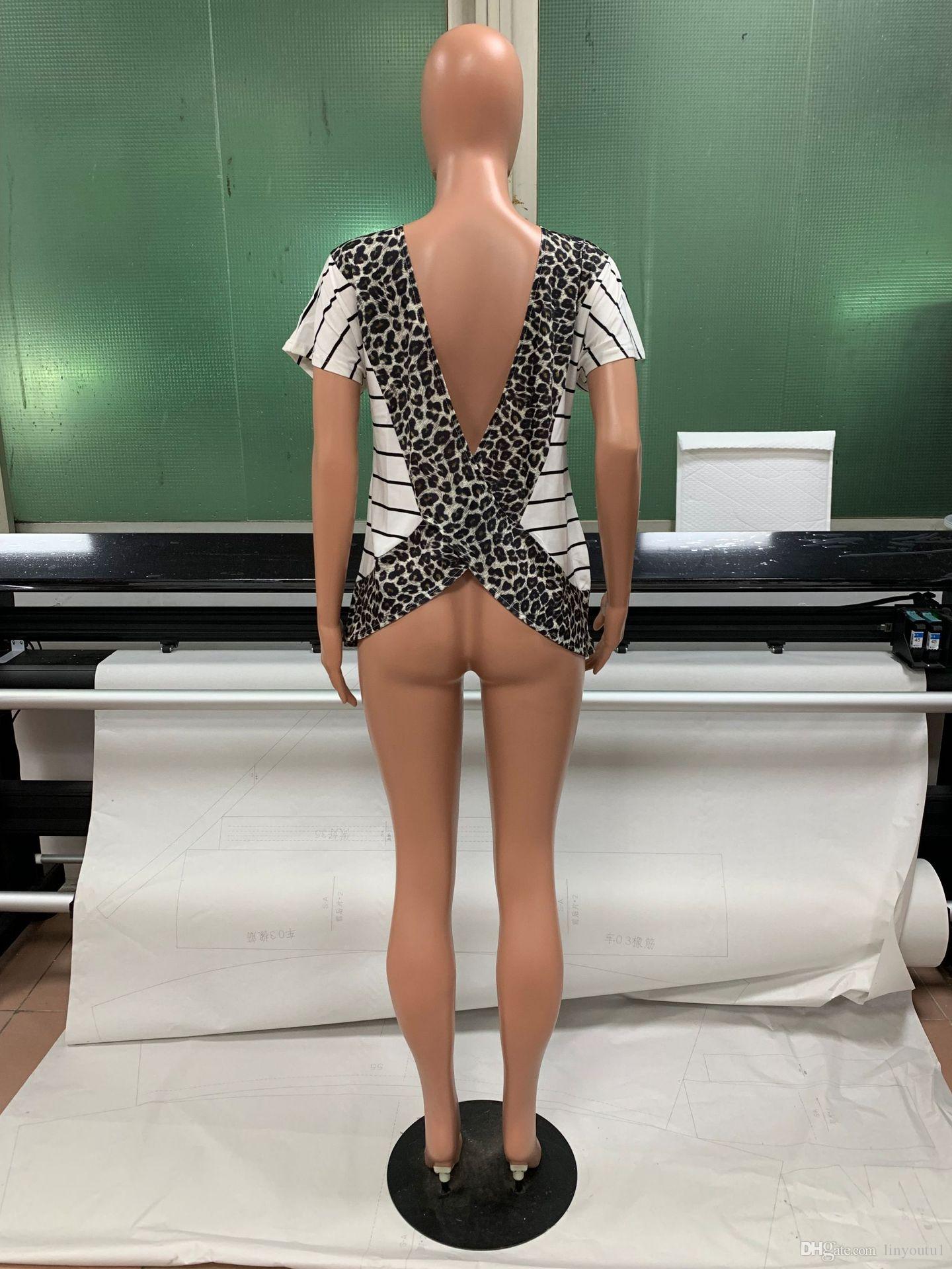 2002 Summer T-shirt Female Leopard Printed Open Back T-shirt New Stylish Tops tee shirt femme Plus Size