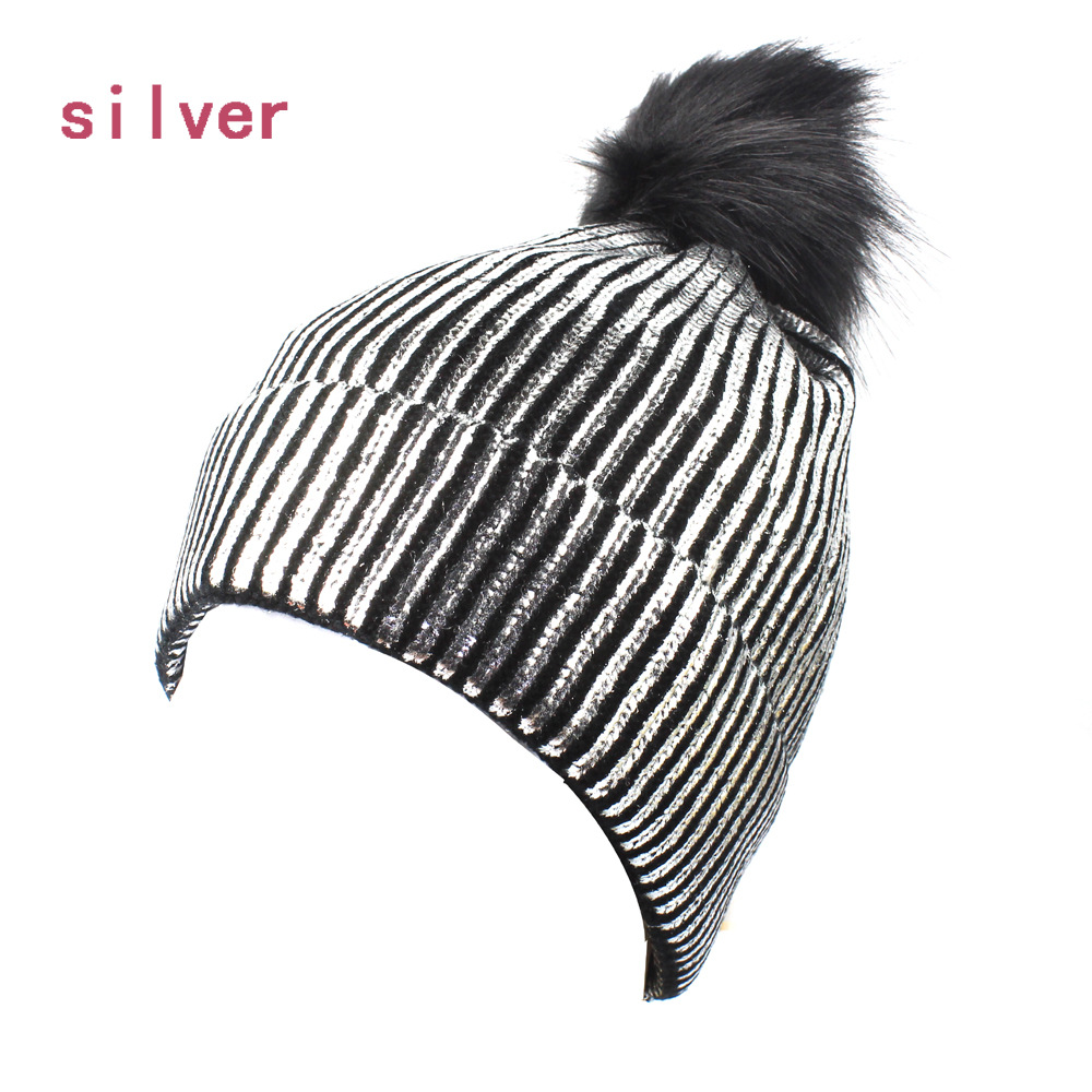 Knitted Bronzing Gold Silver Beanie Cap Pompom Winter Hats For Women Fur Pom Pom Ball Hat Ladies Girls Warm Skullies Beanies