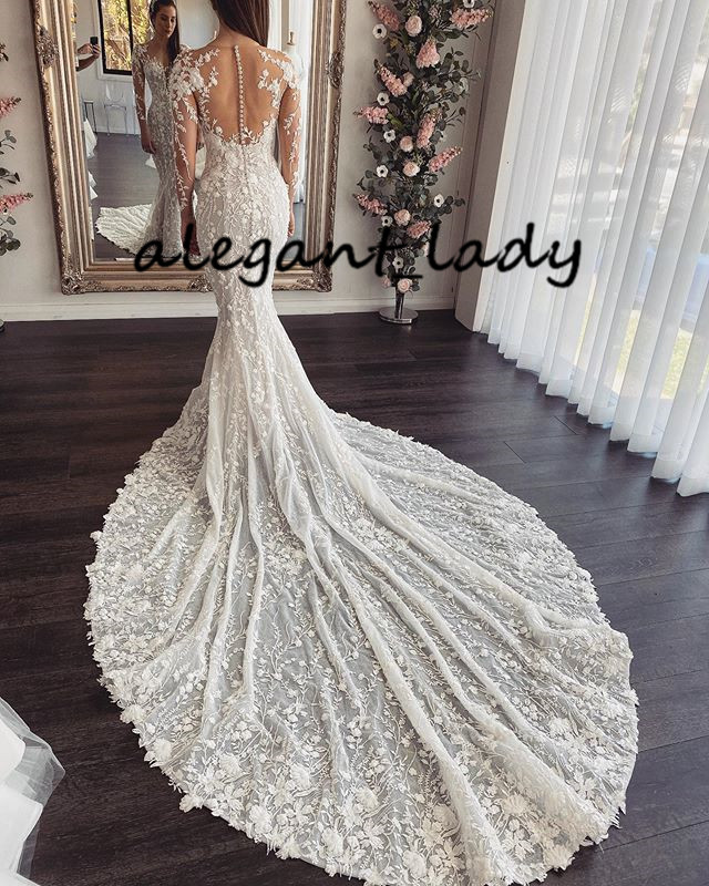 Luxury Mermaid Beach Wedding Dress with Long Sleeve 2020 Full Lace Embroidery Chapel Train Arabic Dubai Muslim Bride Gown Traine Mariage