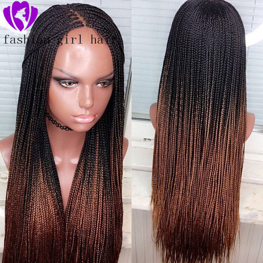 Long Ombre Brown braiding Hair Synthetic Lace Front Wig Two Tone Dark Brown box Braids Wigs For black Women Glueless Lace Wig