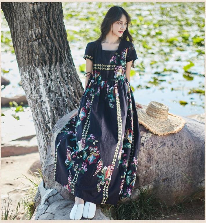 Summer Asian casual dress light thin cotton hemp lace waist closing Dress temperament square collar short sleeve big swing Robe