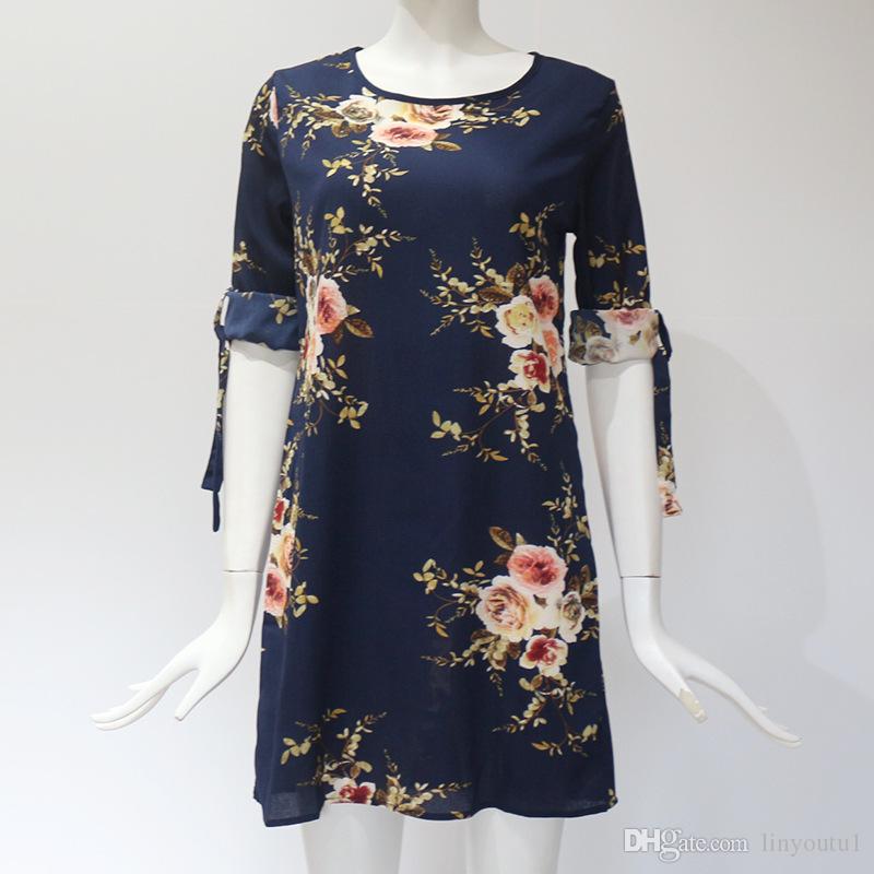 2020 Women Floral Print Beach Chiffon Dress Casual Loose Mini Party Dress Boho Style Sundress Plus Size