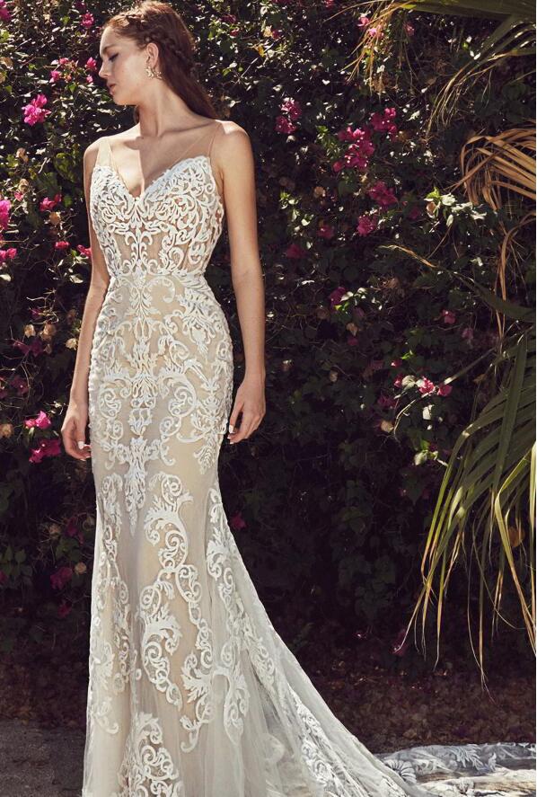 2019 Calla Blanche Mermaid Wedding Dresses Lace Applique V Neck Backless Country Bridal Gowns robe de mariée Sweep Train Beach Wedding Dress