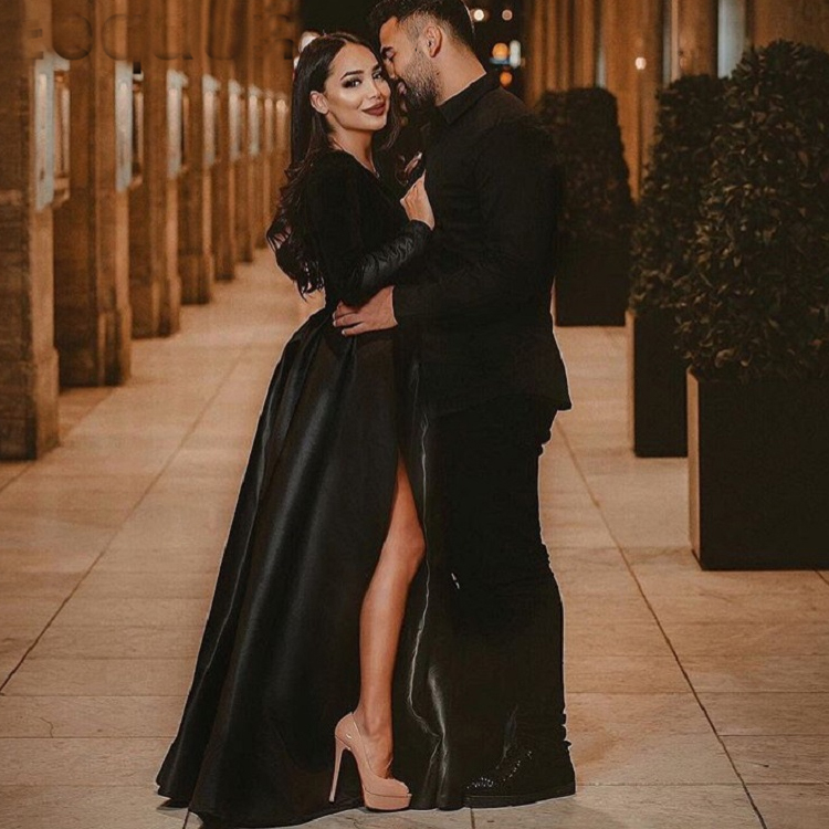 2019 New Black Evening Dresses A Line Floor Length Deep V Neck Long Sleeves High Side Split Formal Prom Party Wear