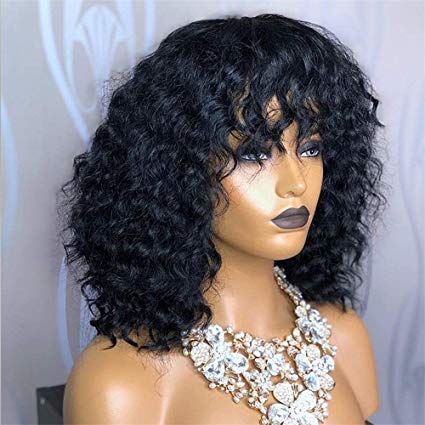 Curly Lace Front Human Hair Wigs For Black Women Brazilian Remy Hair Short Bob Wig With Bangs 150% Glueless Pre Plucked